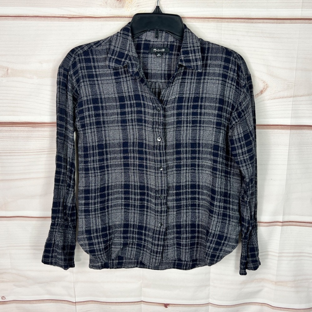 Madewell‎ Top Womens XS Blue Plaid Shirt Button Up Wool Blend Lightweight Collar